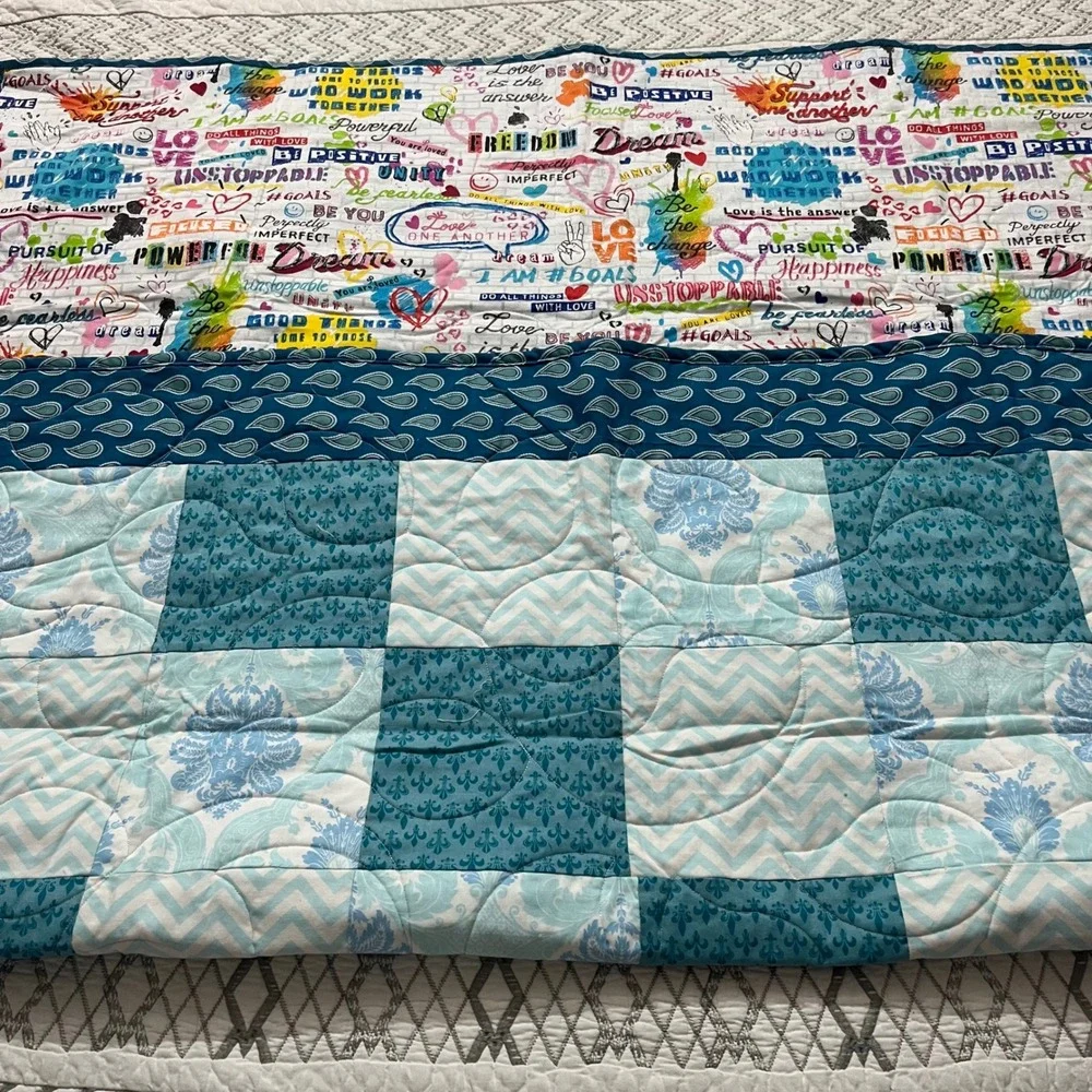 Handmade Reversible Patchwork Quilt Teal Blue Inspirational Graffiti Print 49x44